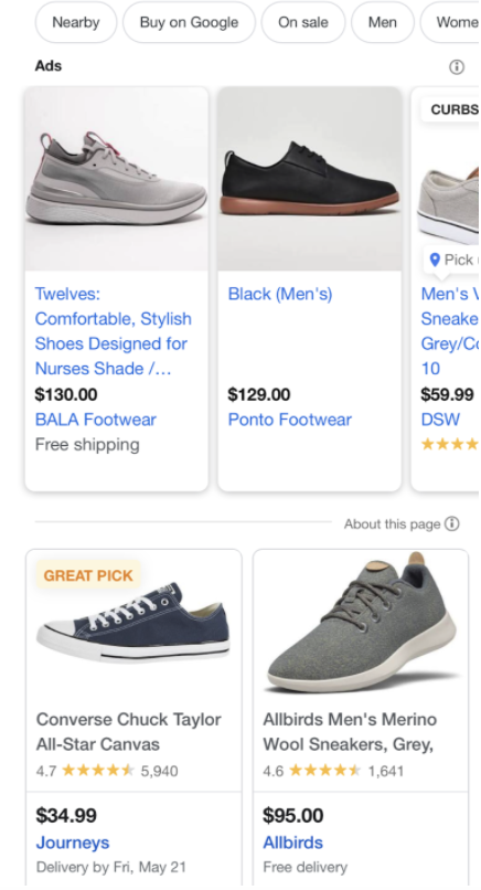 A screenshot of Google Shopping Ads within the Shopping tab on Google